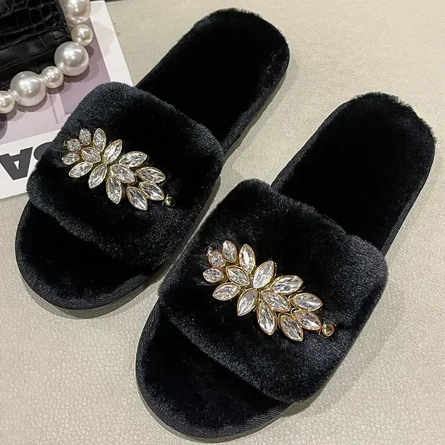 Women's Fluffy Fur Slippers – 2025 Fashion, Chain Design, Open-Toe Winter Indoor Flats, Non-Slip Cozy Home Shoes