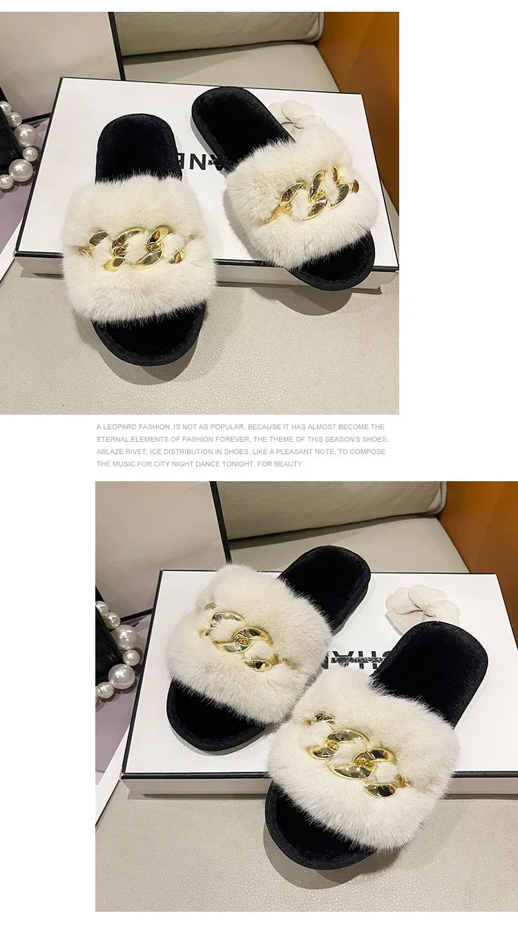 Women's Fluffy Fur Slippers – 2025 Fashion, Chain Design, Open-Toe Winter Indoor Flats, Non-Slip Cozy Home Shoes