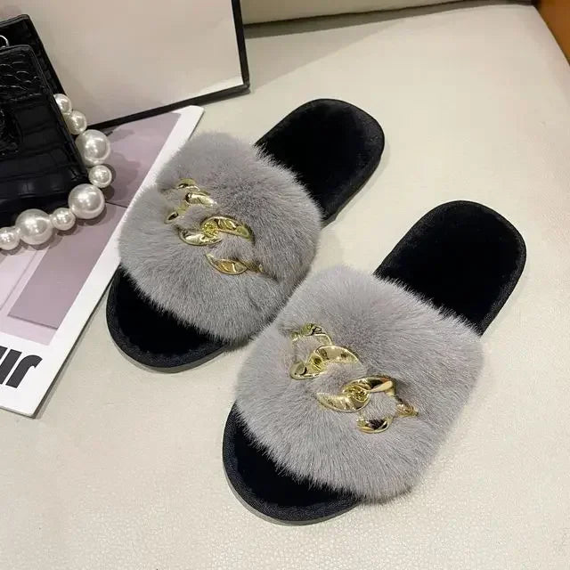 Women's Fluffy Fur Slippers – 2025 Fashion, Chain Design, Open-Toe Winter Indoor Flats, Non-Slip Cozy Home Shoes