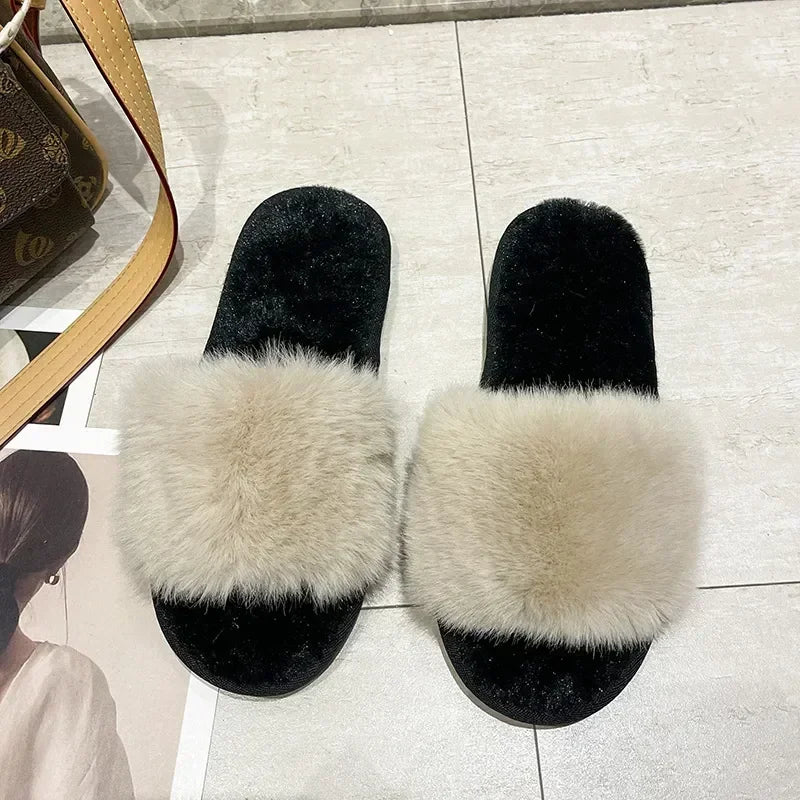 Women's Fluffy Fur Slippers – 2025 Fashion, Chain Design, Open-Toe Winter Indoor Flats, Non-Slip Cozy Home Shoes