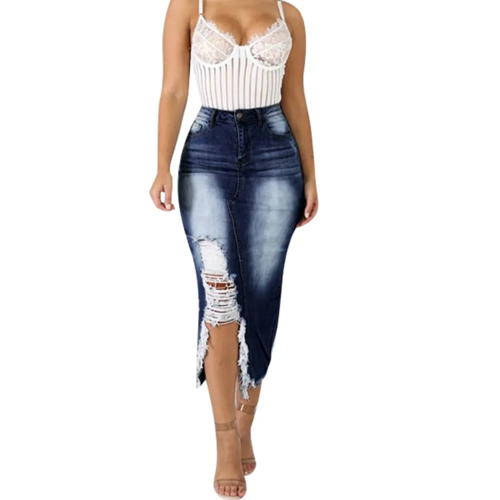 Introducing our Women's High-Waist Ripped Denim Pencil Skirt