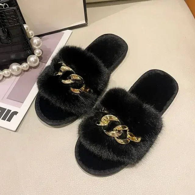 Women's Fluffy Fur Slippers – 2025 Fashion, Chain Design, Open-Toe Winter Indoor Flats, Non-Slip Cozy Home Shoes