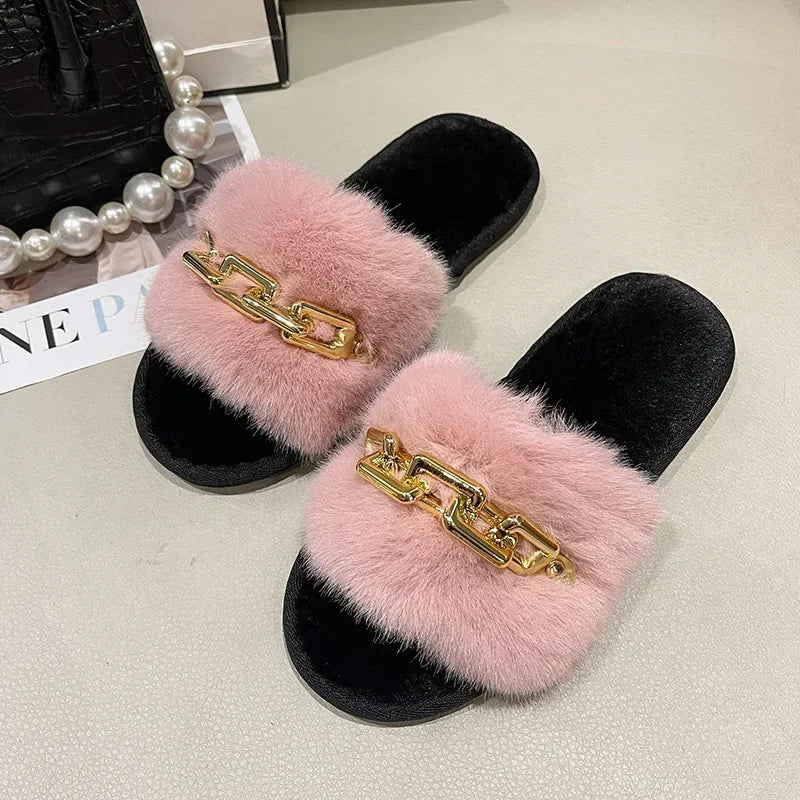 Women's Fluffy Fur Slippers – 2025 Fashion, Chain Design, Open-Toe Winter Indoor Flats, Non-Slip Cozy Home Shoes