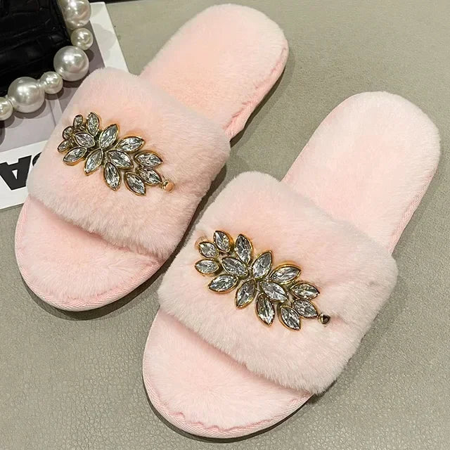 Women's Fluffy Fur Slippers – 2025 Fashion, Chain Design, Open-Toe Winter Indoor Flats, Non-Slip Cozy Home Shoes