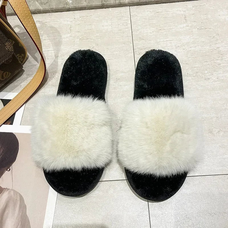 Women's Fluffy Fur Slippers – 2025 Fashion, Chain Design, Open-Toe Winter Indoor Flats, Non-Slip Cozy Home Shoes