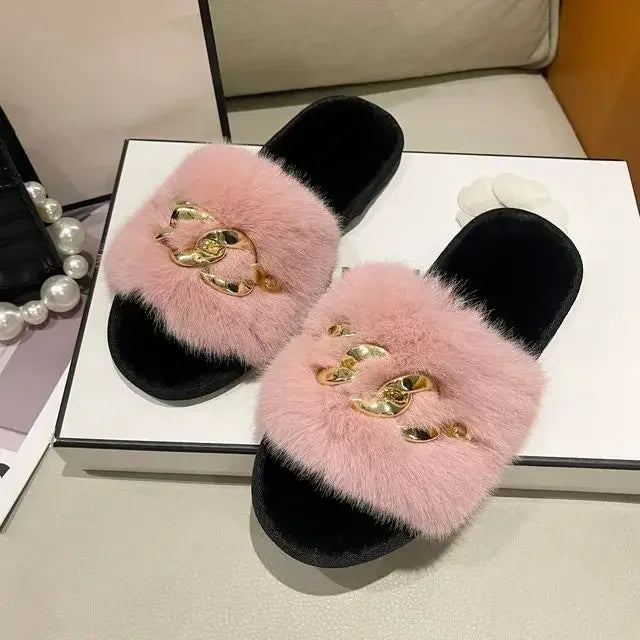 Women's Fluffy Fur Slippers – 2025 Fashion, Chain Design, Open-Toe Winter Indoor Flats, Non-Slip Cozy Home Shoes