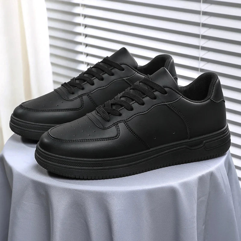 Men's Outdoor Leather Sneakers – Classic Black Lace-Up Sports Shoes, Skateboard, Walking, and Running Leisure Flats