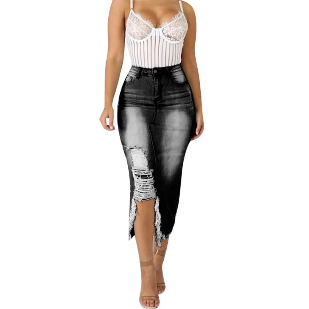 Introducing our Women's High-Waist Ripped Denim Pencil Skirt