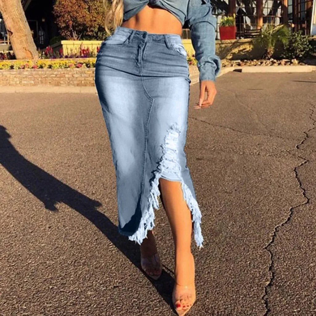 Introducing our Women's High-Waist Ripped Denim Pencil Skirt