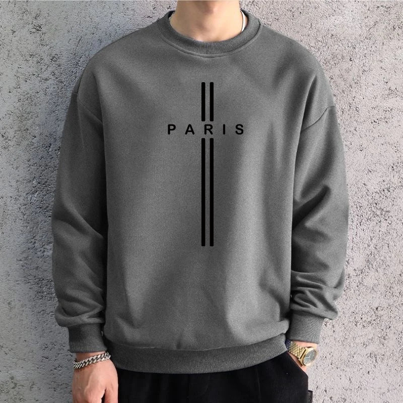 Men's Dark Grey Graphic Sweatshirt – PARIS Print, Long Sleeve Cotton Hip-Hop Tee, Casual Sportswear