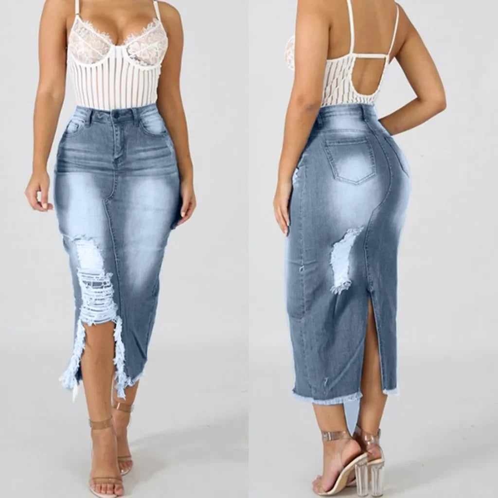 Introducing our Women's High-Waist Ripped Denim Pencil Skirt