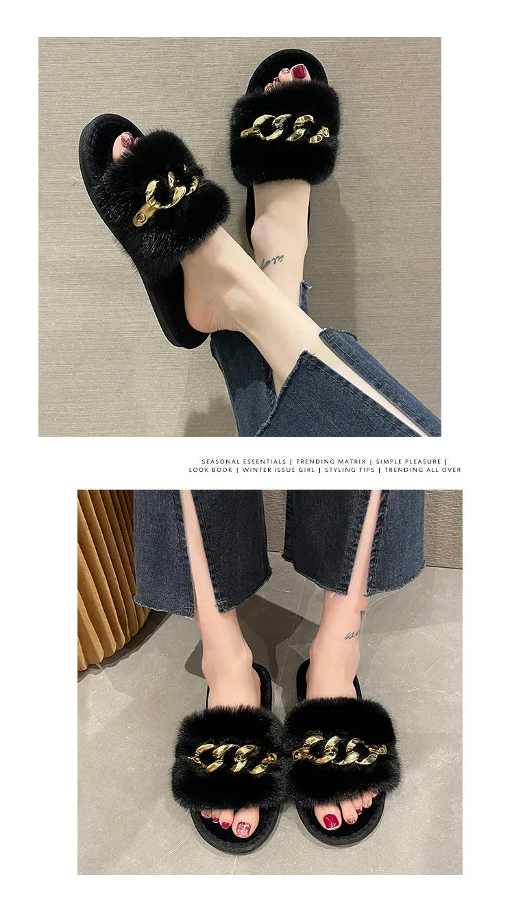 Women's Fluffy Fur Slippers – 2025 Fashion, Chain Design, Open-Toe Winter Indoor Flats, Non-Slip Cozy Home Shoes