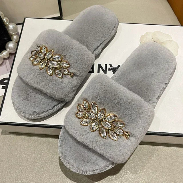 Women's Fluffy Fur Slippers – 2025 Fashion, Chain Design, Open-Toe Winter Indoor Flats, Non-Slip Cozy Home Shoes